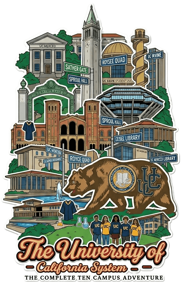 加州大学系统示意地图,包含萨瑟门、钟楼、UCLA 的罗伊斯广场、UC 戴维斯学生中心、UC 尔湾、UC 圣塔芭芭拉、UC 默塞德、UC 圣地亚哥的盖塞尔图书馆、加州金熊以及 UC 徽标。